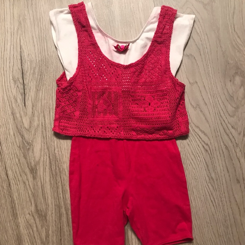 90s Kids Pink Leotard Shorts, Girls Gymnastics Outfit by Jacques Moret, Size 6/7